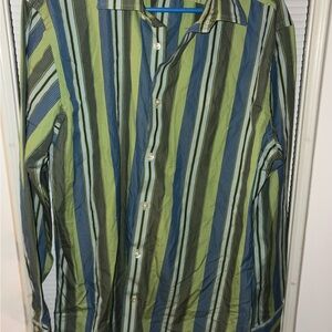 GAP Men's Green and Blue Striped Button-Down Shirt
